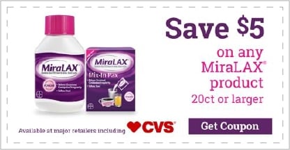 CVS coupon to save $5 on any Miralax product 20 count or larger