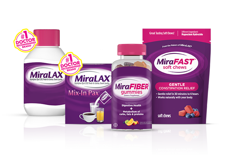 purple, white and pink packs of MiraLAX®, MiraFIBER®, MIRAFAST products