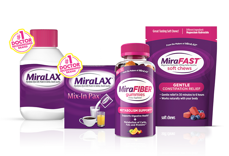purple, white and pink packs of MiraLAX®, MiraFIBER®, MIRAFAST products