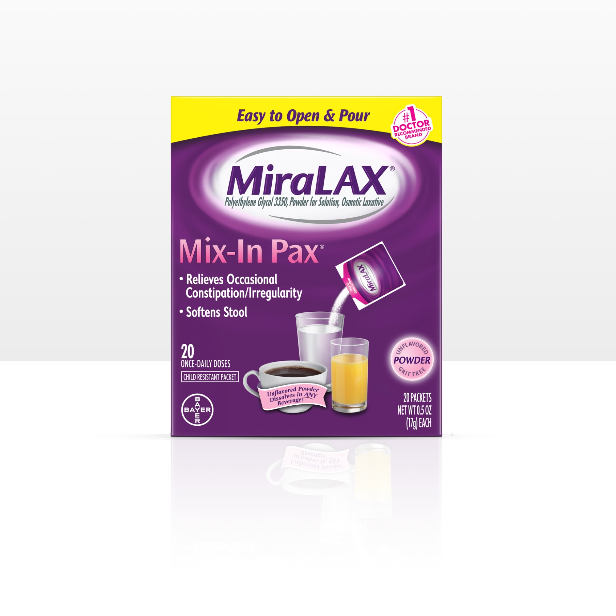 Purple pack of MiraLAX® Mix-In Pax, a single dose packet of osmotic laxative powder convenient to consume on-the-go.