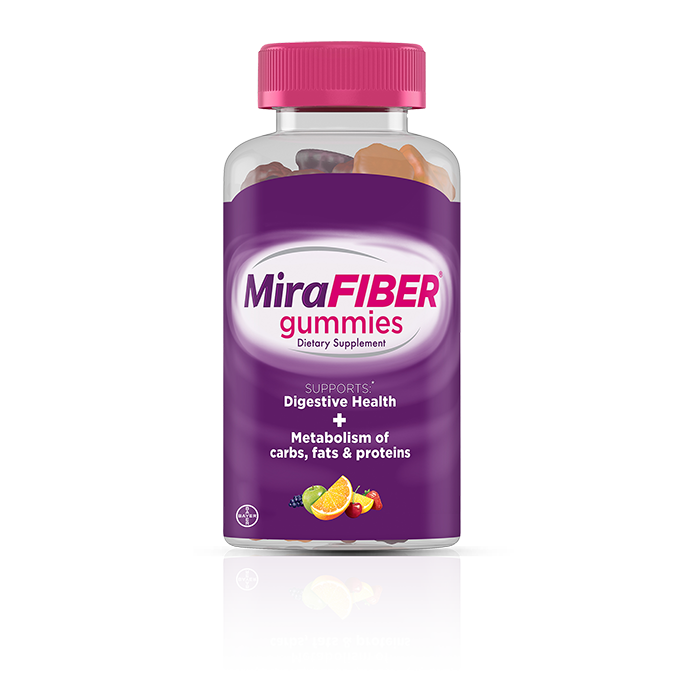 purple and white bottle of MiraFIBER® gummies