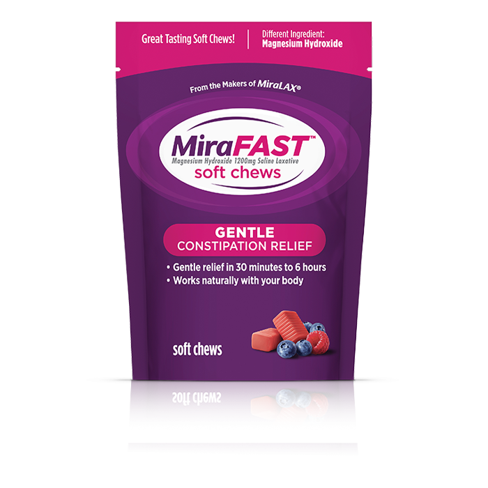 A bag of MiraFAST soft chews sits on a white background with a reflection at the base of the bag