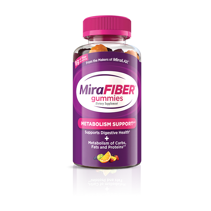 purple and white bottle of MiraFIBER® gummies