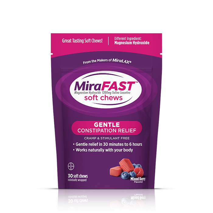 A bag of MiraFAST soft chews sits on a white background with a reflection at the base of the bag