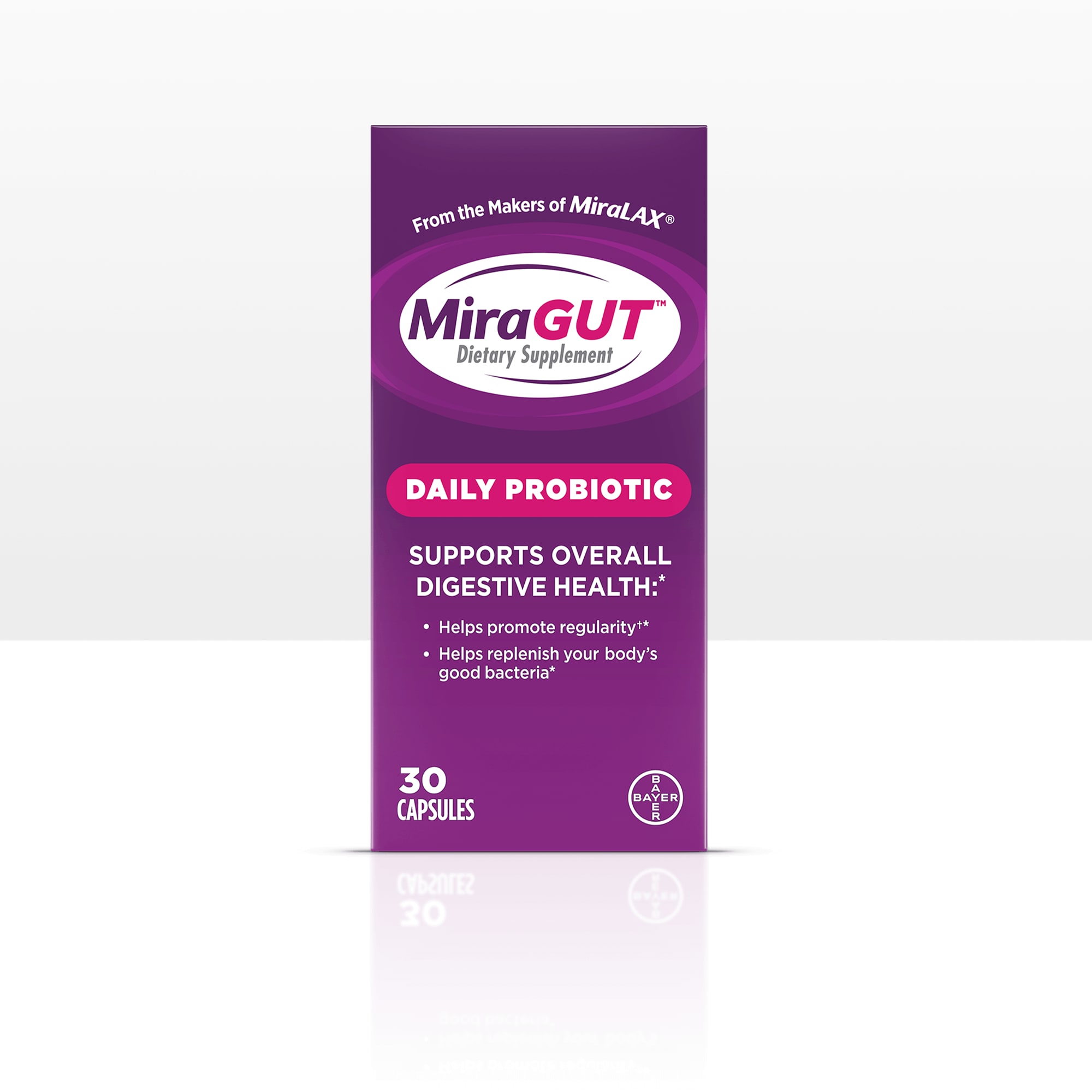 Purple pack of MiraGUTTM , a daily probiotic to support digestive health.