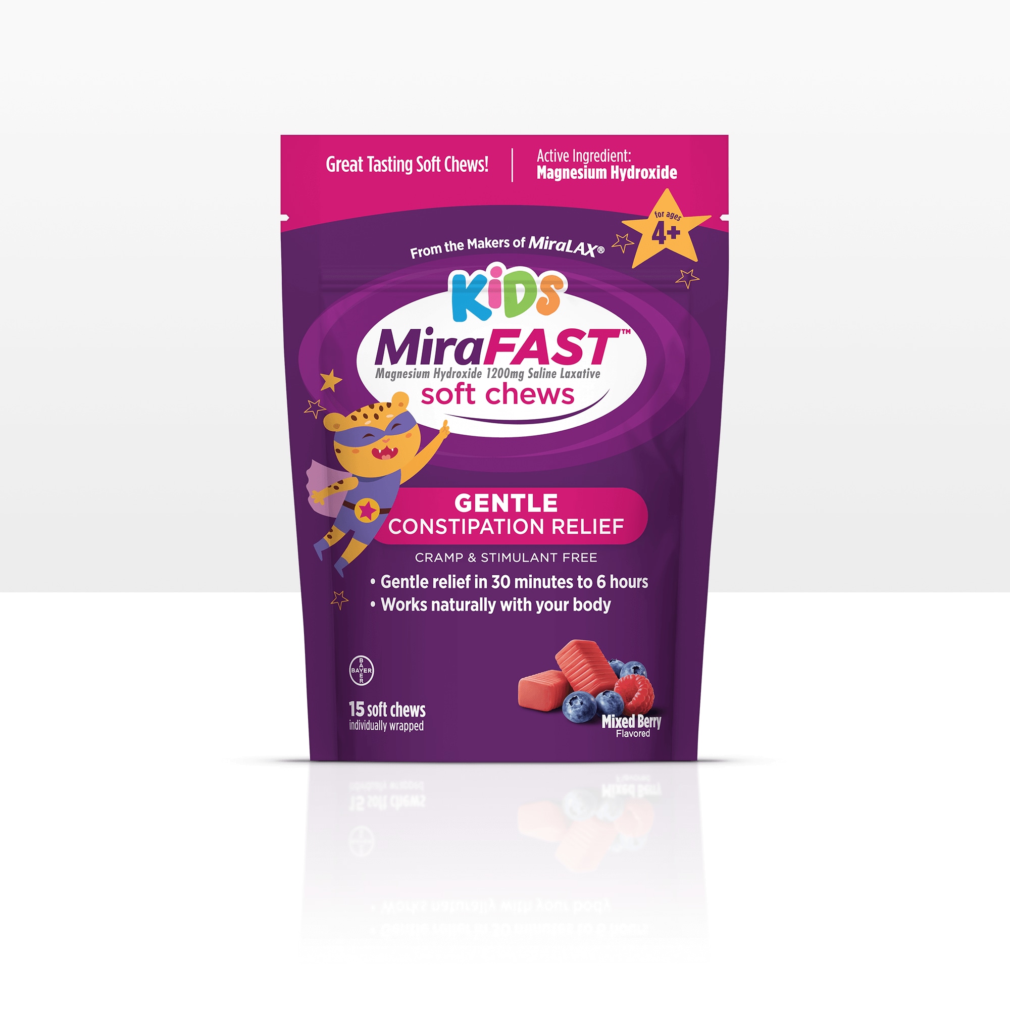 Purple-pink pack of MiraFASTTM Kids soft chews that provides constipation relief for children aged 4 years and above.