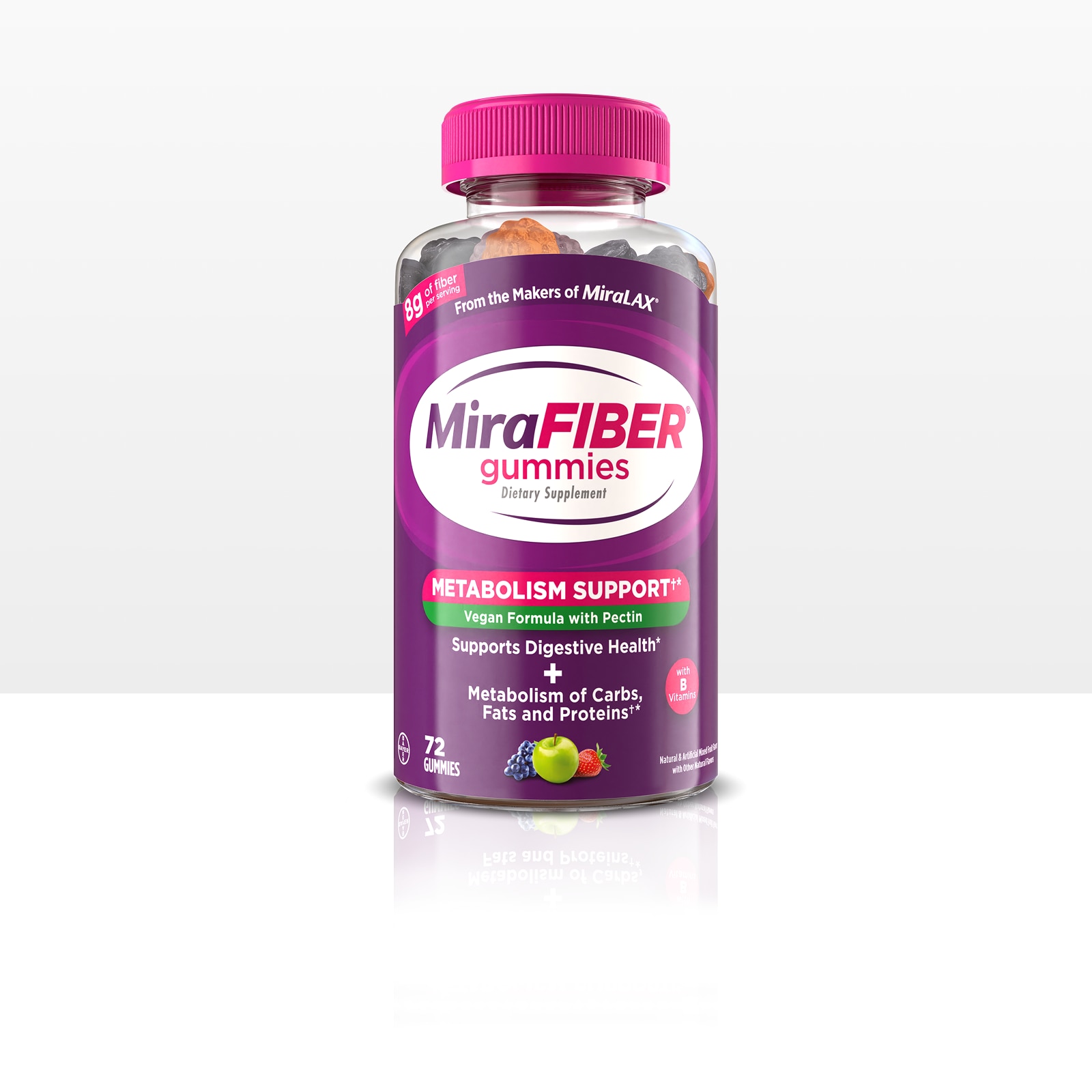 Purple bottle of MiraFIBER® Gummies, vegan formula with pectin.