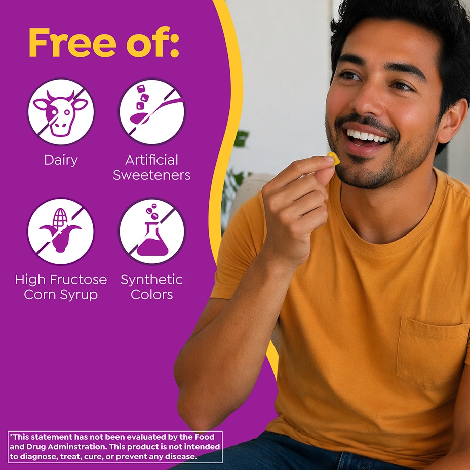 Person holding a MiraFIBER® gummy with text highlighting no dairy, artificial sweeteners, high fructose corn syrup, or synthetic colors.