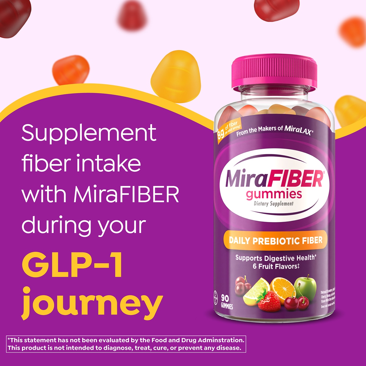 Bottle of MiraFIBER® Daily Prebiotic Fiber Gummies with text about supplementing fiber intake during a GLP-1 journey.