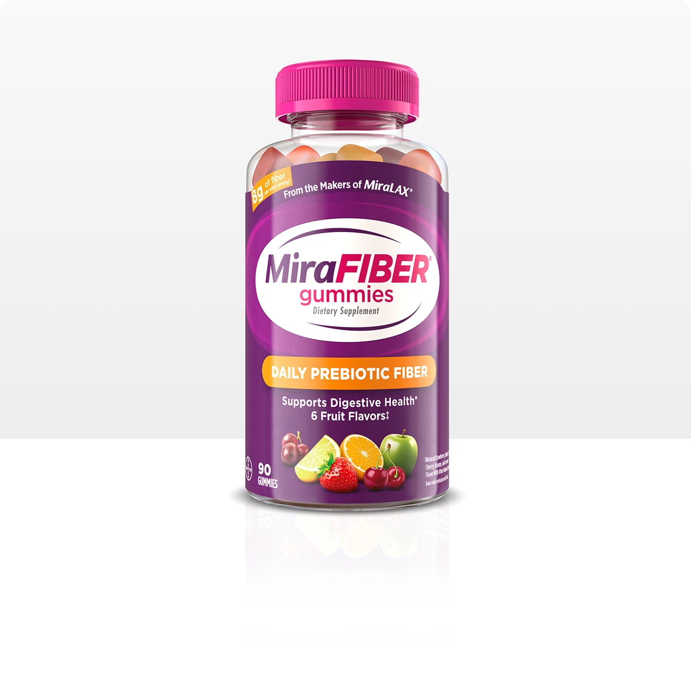 Bottle of MiraFIBER® Daily Prebiotic Gummies with a orange label.